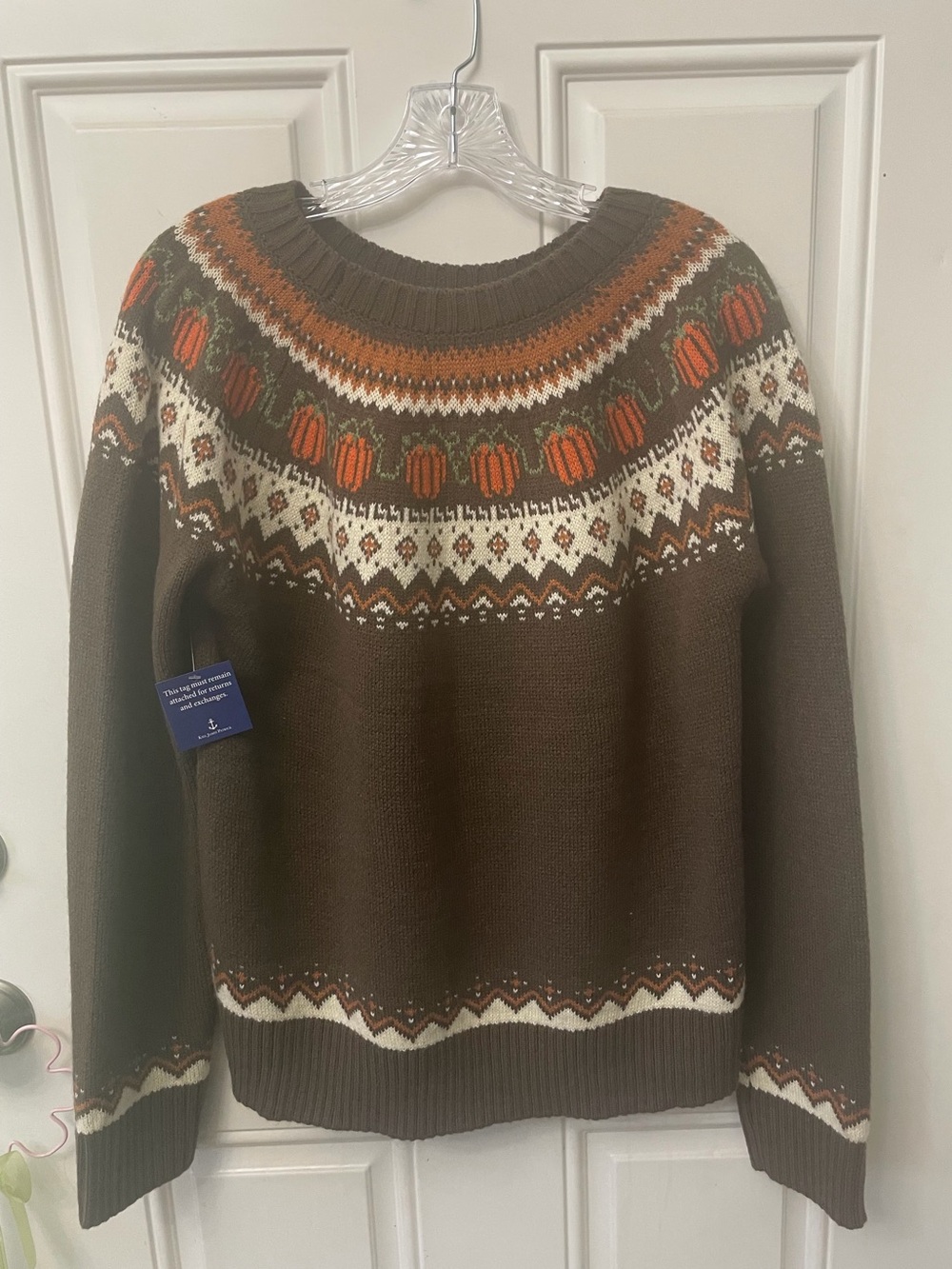 Kiel James Patrick Brown Crewneck Sweater with Orange Pumpkin Fair Isle